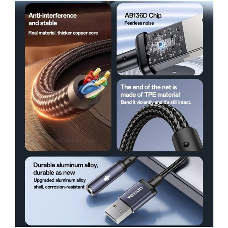 تبدیل USB به AUX یسیدو مدل YAU46 طول ۱۵ سانتیمتر