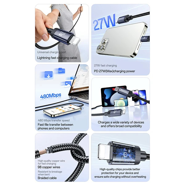 کابل شارژ یسیدو CA204P تایپ سی به لایتنینگ فست شارژ ۲۷ وات طول ۱ متر
