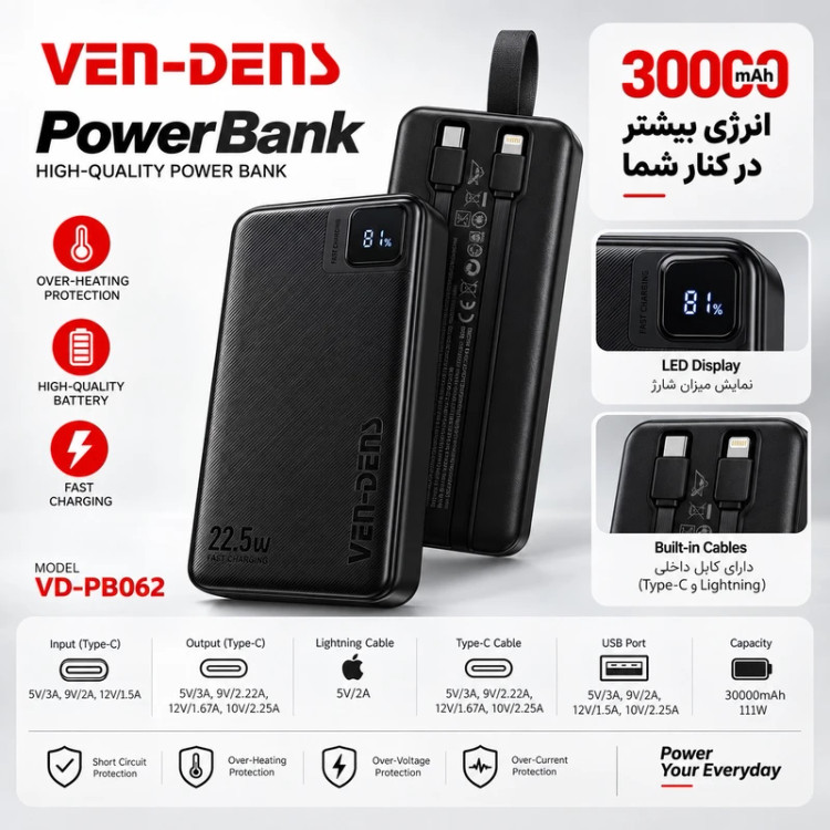 پاوربانک ون دنز مدل pb062 ظرفیت 30000 هزار میلی آمپر ساعت